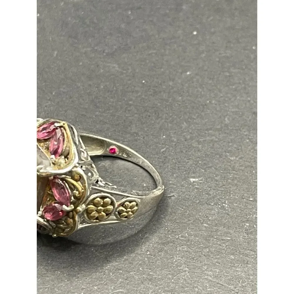 Sterling Silver 925 Smoky Quartz Pink Marquise Accent Floral Ring Size 10